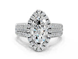 Silver Marquise Halo Round Diamond Pave Band with Prong Setting