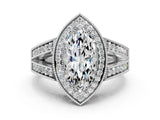 Silver Marquise Halo Split Shank Diamond Ring with Milgrain Prong Setting_14