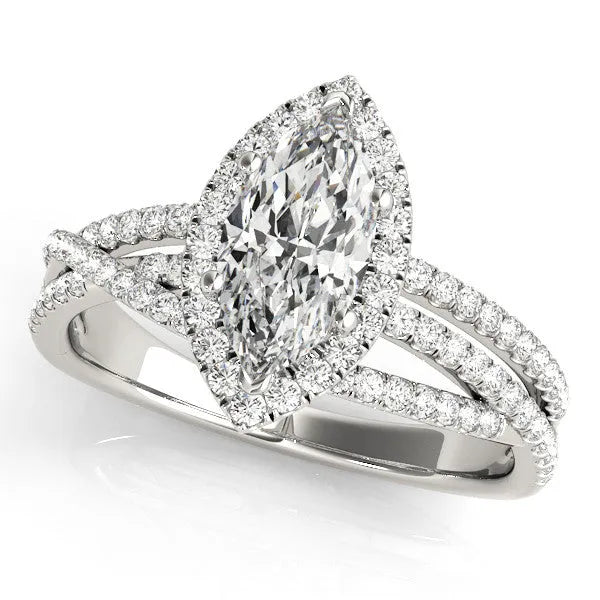 Silver Marquise Halo Split-Shank Diamond Ring with Prong Setting