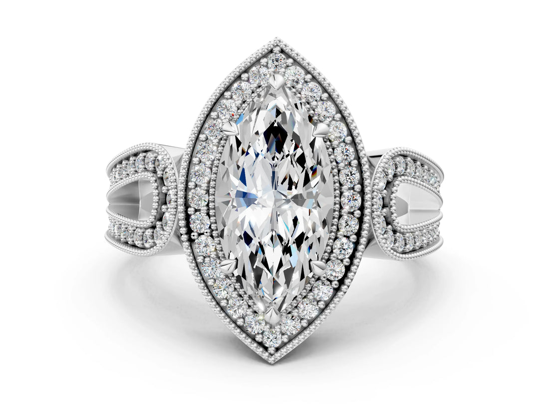 Silver Marquise Halo Split Shank Milgrain Diamond Ring_18