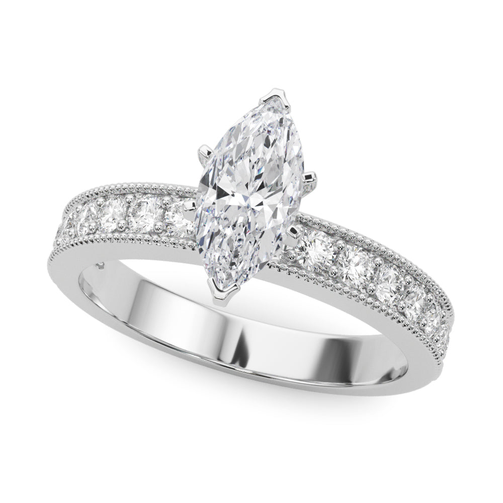 Silver 1.03 Carat D VVS2 Marquise Milgrain Pave Diamond Engagement Ring with Four-Prong Setting