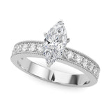 Silver 1.03 Carat D VVS2 Marquise Milgrain Pave Diamond Engagement Ring with Four-Prong Setting