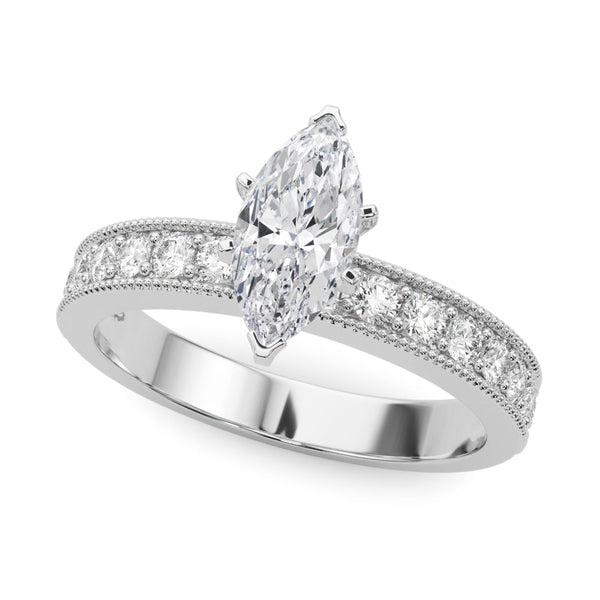 Silver 1.03 Carat D VVS2 Marquise Milgrain Pave Diamond Engagement Ring with Four-Prong Setting