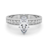 Silver 1.03 Carat D VVS2 Marquise Milgrain Pave Diamond Engagement Ring with Four-Prong Setting