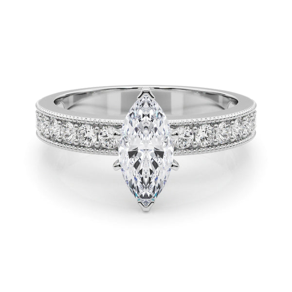 Silver 1.03 Carat D VVS2 Marquise Milgrain Pave Diamond Engagement Ring with Four-Prong Setting