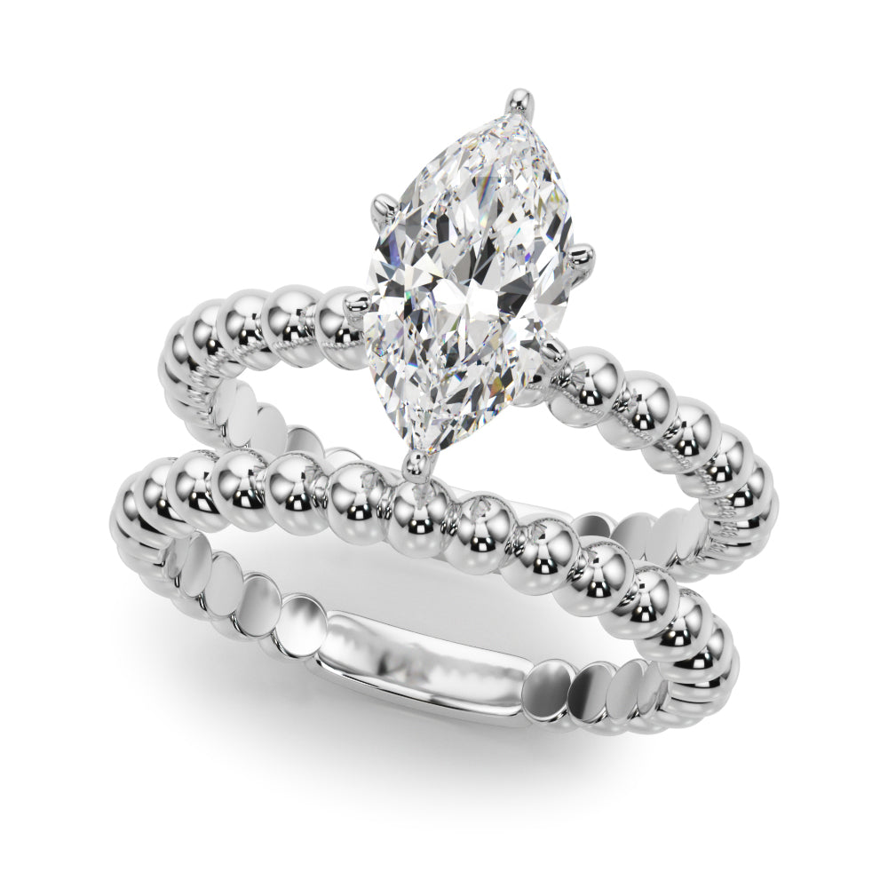 Silver Marquise Solitaire Beaded Band Prong Setting Ring