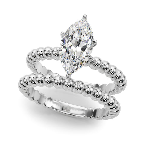 Silver Marquise Solitaire Beaded Band Prong Setting Ring