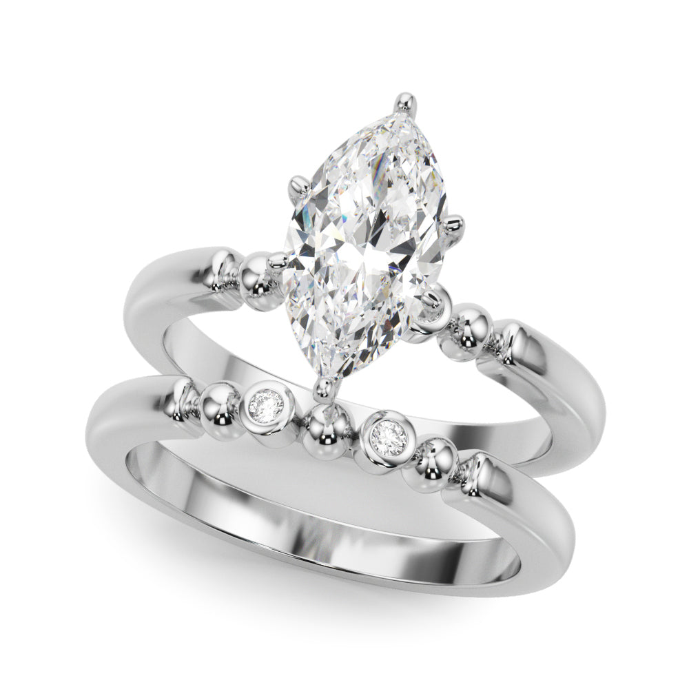 Silver Marquise Solitaire Beaded Band with Four-Prong Setting