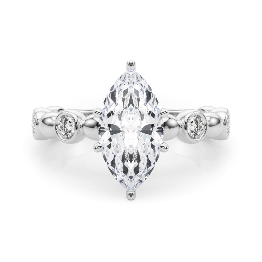 Silver Marquise Solitaire Bezel-Set Diamond Ring with Beaded Band and Four-Prong Setting