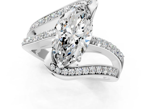 Silver Marquise Solitaire Bypass Diamond Engagement Ring with Channel-Set Band and Four-Prong Setting