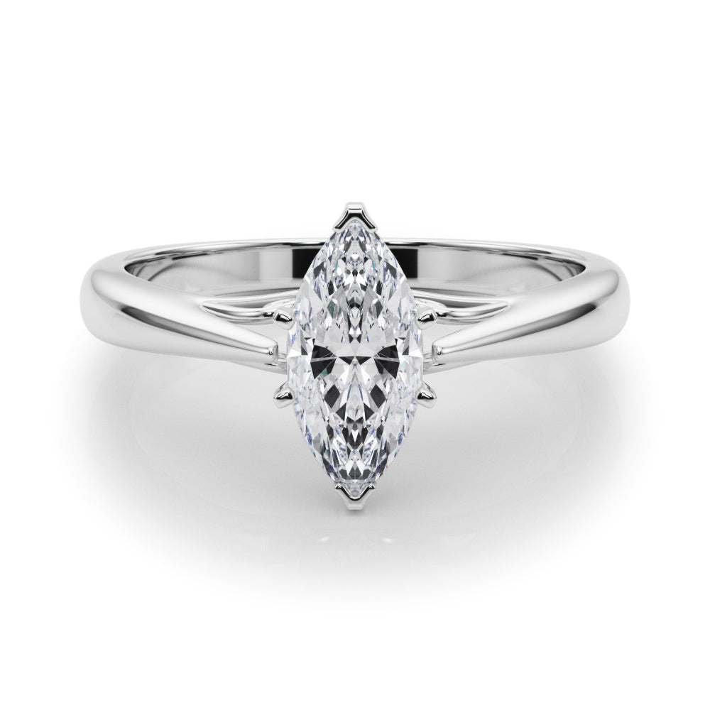 Silver Marquise Solitaire Diamond Engagement Ring with Cathedral Setting and Four-Prong Mount on a Classic Band