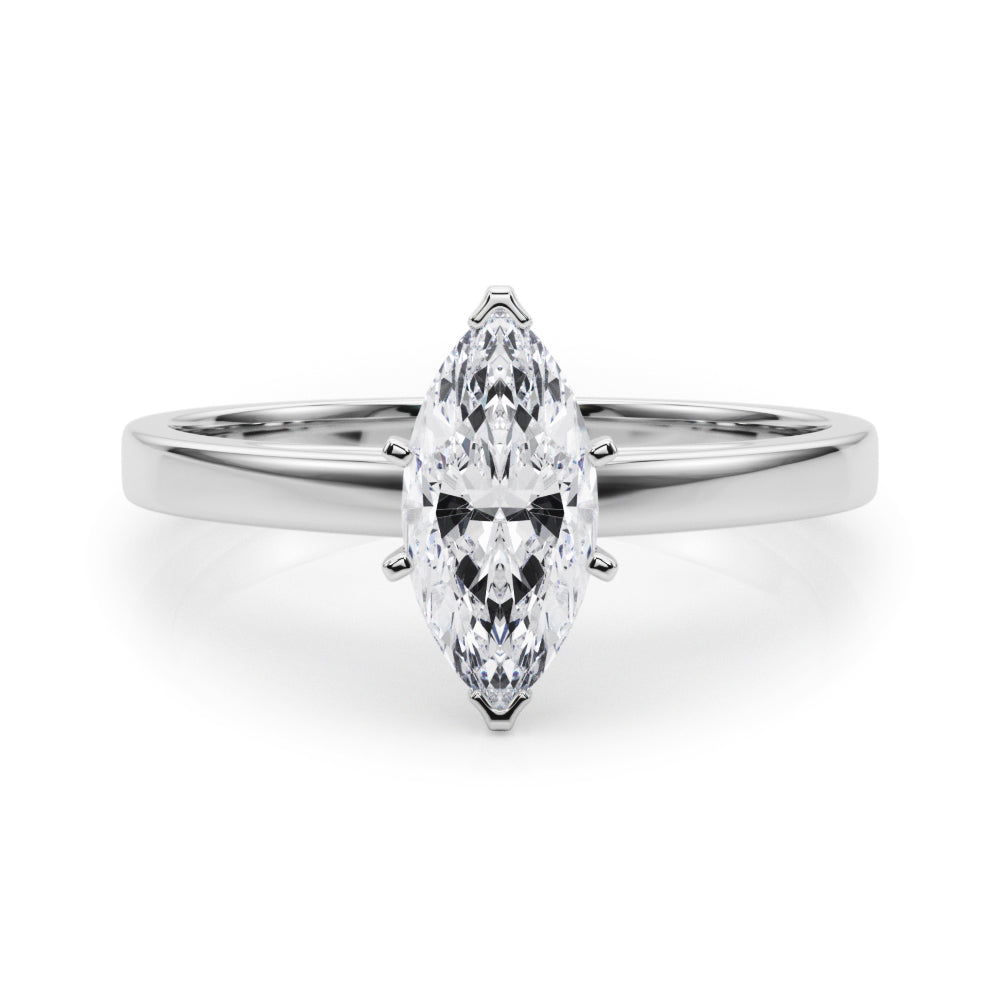 Silver Marquise Solitaire Diamond Engagement Ring with Four-Prong Setting on a Classic Band