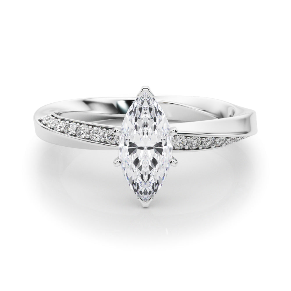Silver Marquise Solitaire Diamond Engagement Ring with Side Stone Accents and Four-Prong Setting