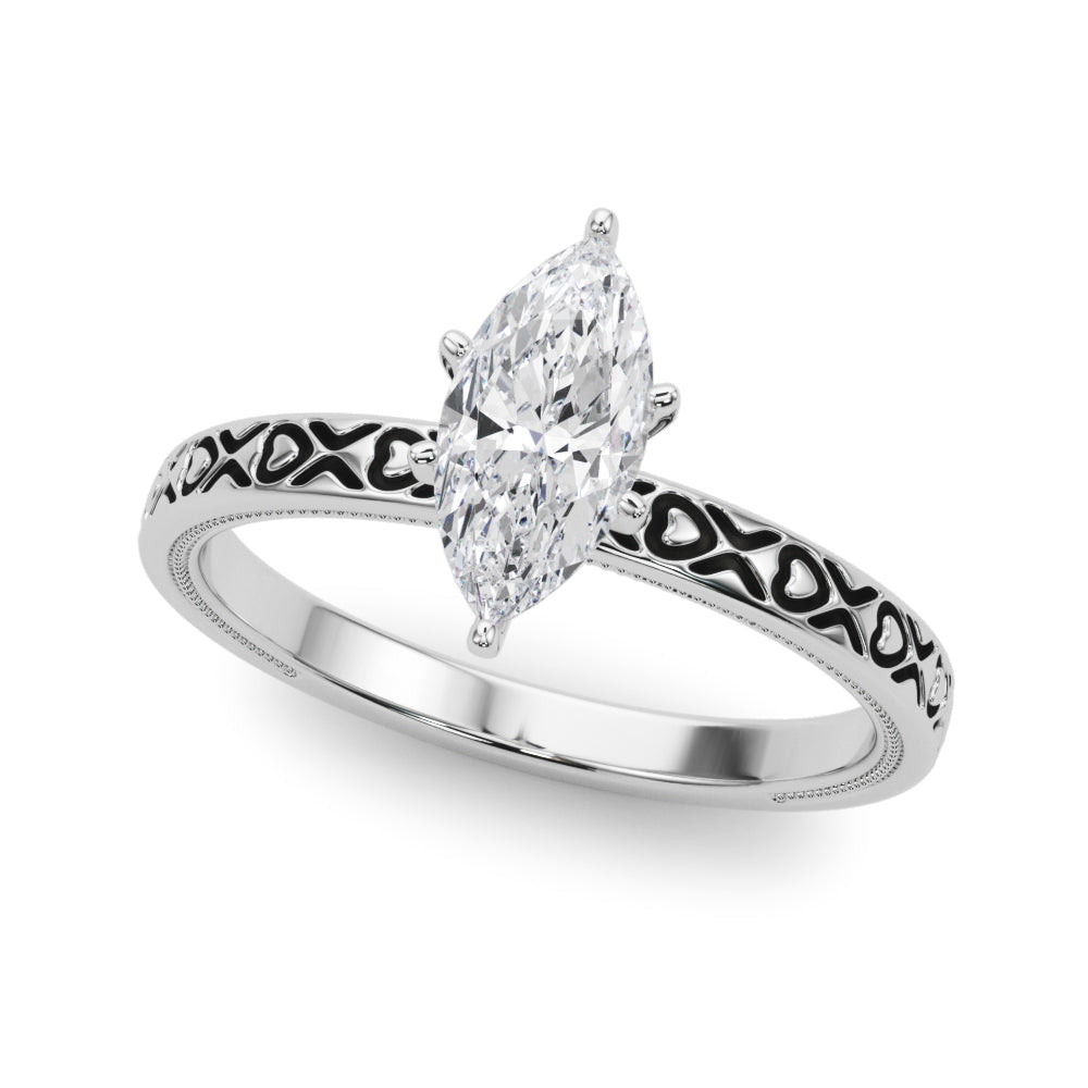 Silver Marquise Solitaire Diamond Engagement Ring with XO Engraved Band and Four-Prong Setting 2