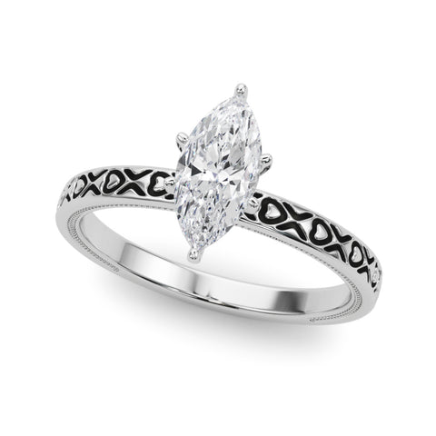 Silver Marquise Solitaire Diamond Engagement Ring with XO Engraved Band and Four-Prong Setting 2