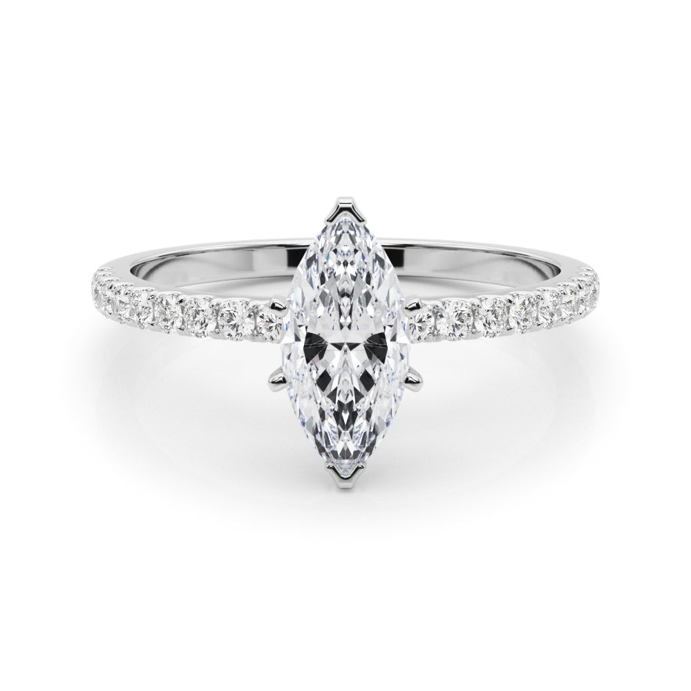 Silver Marquise Solitaire Diamond Pavé Band with Six-Prong Setting