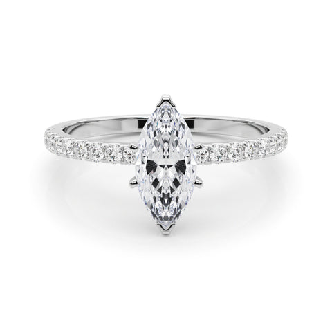 Silver Marquise Solitaire Diamond Pavé Band with Six-Prong Setting