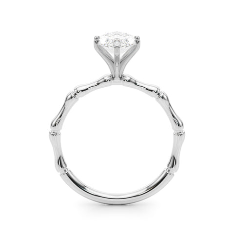 Silver Marquise Solitaire Diamond Ring with Bamboo Band and Four-Prong Setting 1
