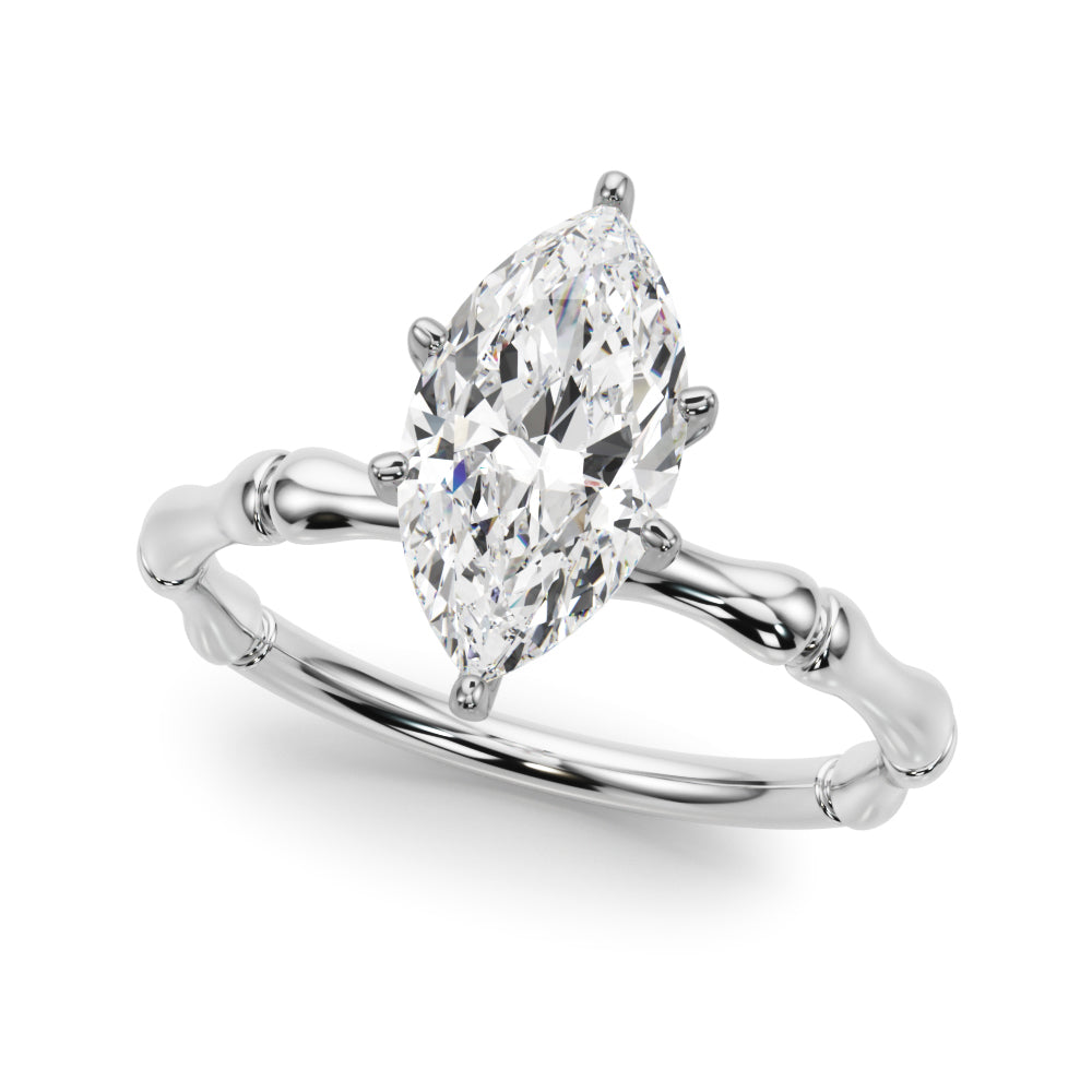 Silver Marquise Solitaire Diamond Ring with Bamboo Band and Four-Prong Setting 2