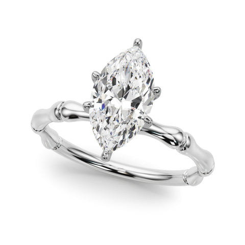 Silver Marquise Solitaire Diamond Ring with Bamboo Band and Four-Prong Setting 2