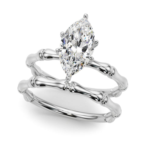 Silver Marquise Solitaire Diamond Ring with Bamboo Band and Four-Prong Setting
