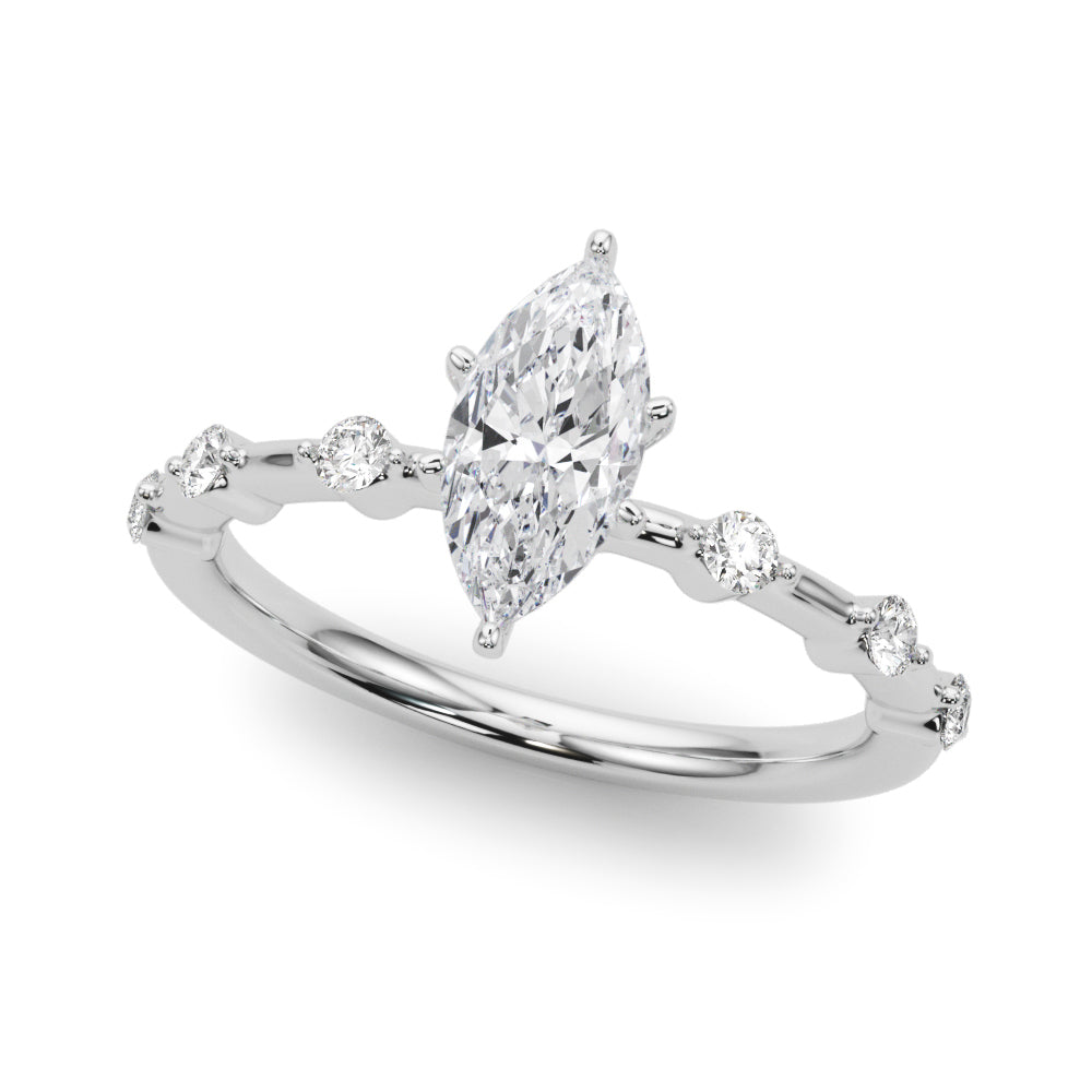 Silver Marquise Solitaire Diamond Ring with Bezel Set Side Stones and Prong Setting 2