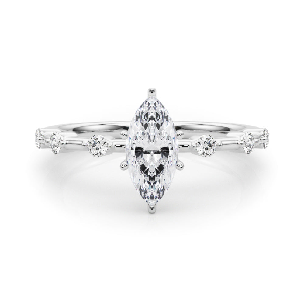 Silver Marquise Solitaire Diamond Ring with Bezel Set Side Stones and Prong Setting