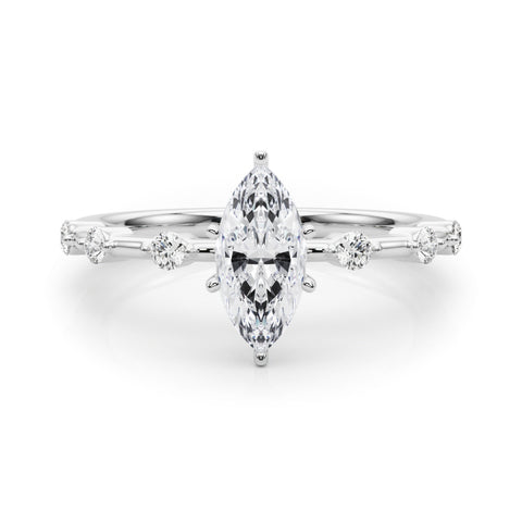 Silver Marquise Solitaire Diamond Ring with Bezel Set Side Stones and Prong Setting