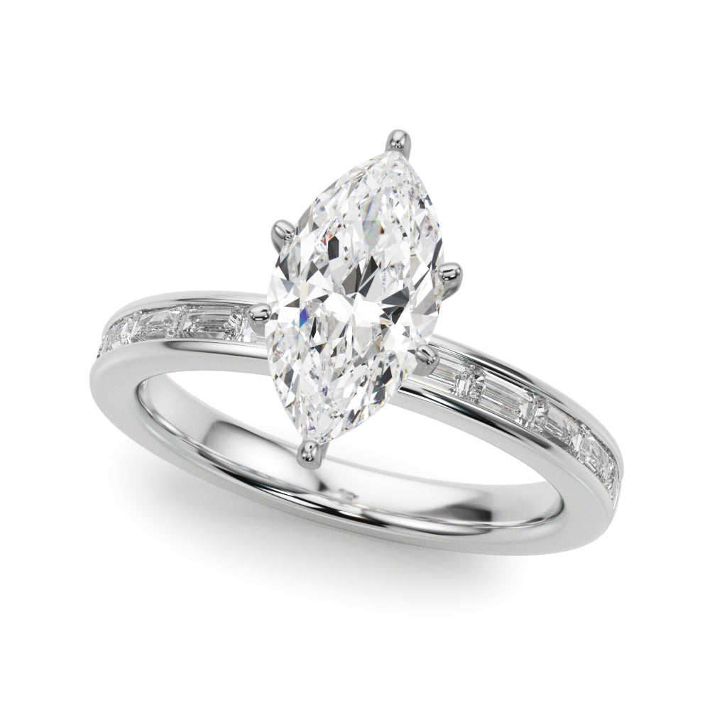 Silver Marquise Solitaire Diamond Ring with Channel-Set Baguette Band and Four-Prong Setting 2