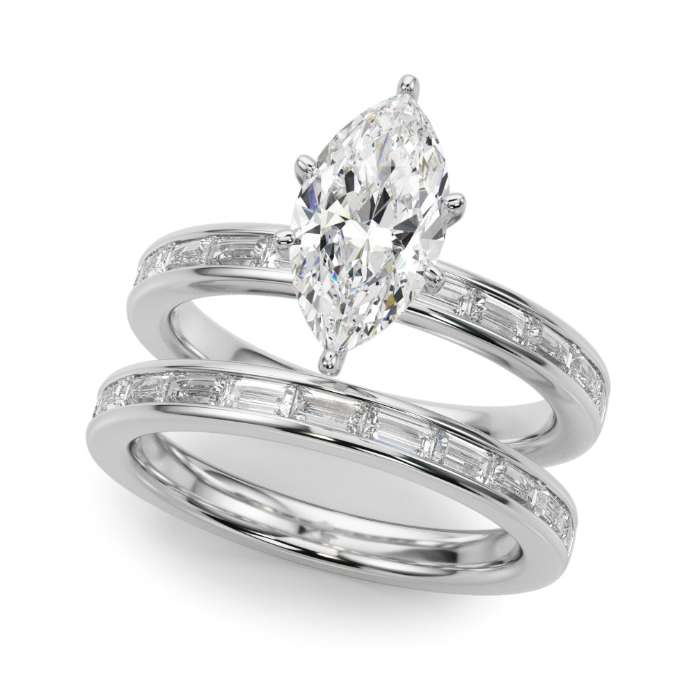 Silver Marquise Solitaire Diamond Ring with Channel-Set Baguette Band and Four-Prong Setting