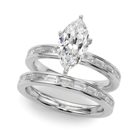 Silver Marquise Solitaire Diamond Ring with Channel-Set Baguette Band and Four-Prong Setting