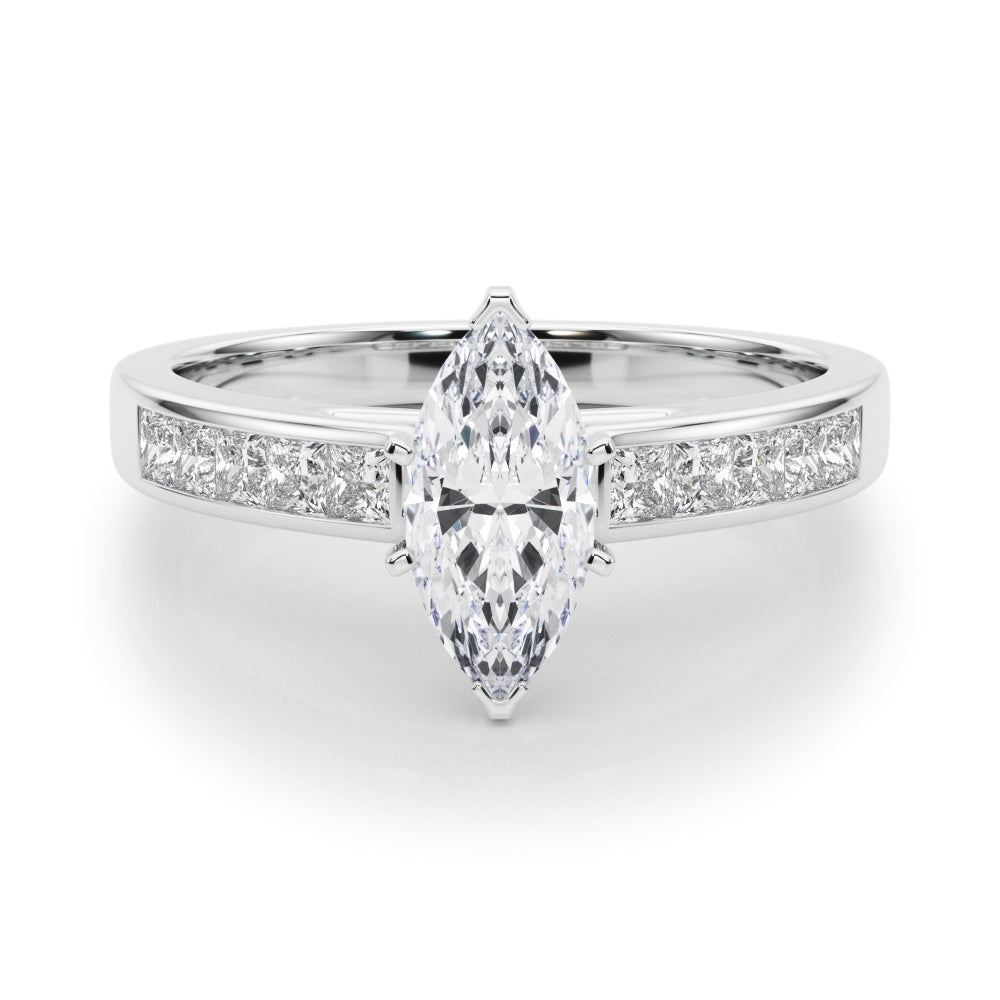Silver Marquise Solitaire Diamond Ring with Channel-Set Band and Four-Prong Setting