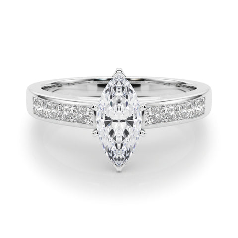 Silver Marquise Solitaire Diamond Ring with Channel-Set Band and Four-Prong Setting