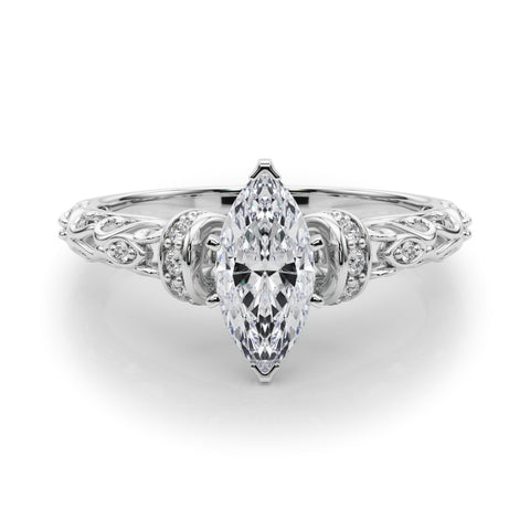Silver Marquise Solitaire Diamond Ring with Filigree Band and Four-Prong Setting