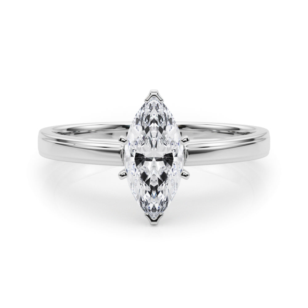 Silver Marquise Solitaire Diamond Ring with Four-Prong Setting and Classic Band