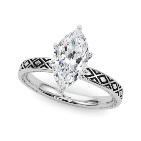 Silver Marquise Solitaire Diamond Ring with Milgrain and Black Enamel X Pattern Band 2