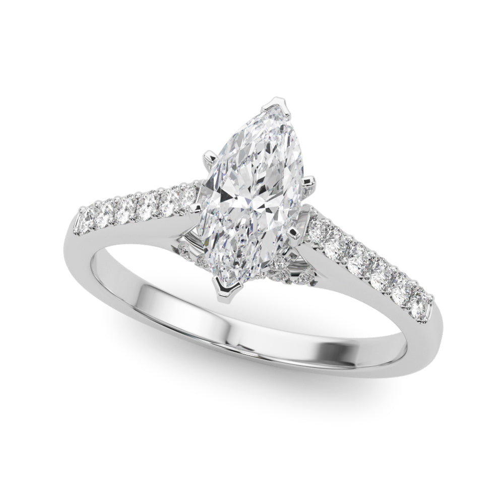 Silver Marquise Solitaire Diamond Ring with Pavé Band and Four-Prong Setting 2