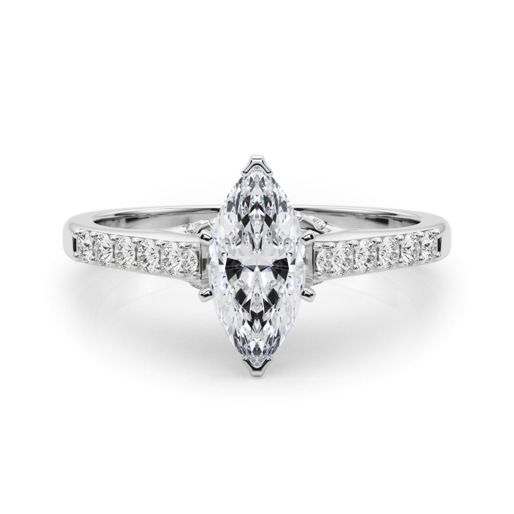 Silver Marquise Solitaire Diamond Ring with Pavé Band and Four-Prong Setting