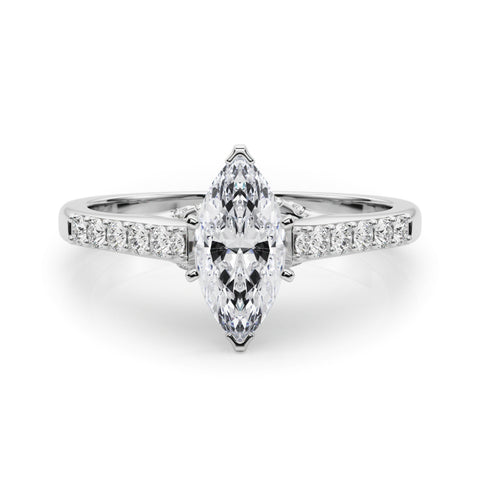 Silver Marquise Solitaire Diamond Ring with Pavé Band and Four-Prong Setting