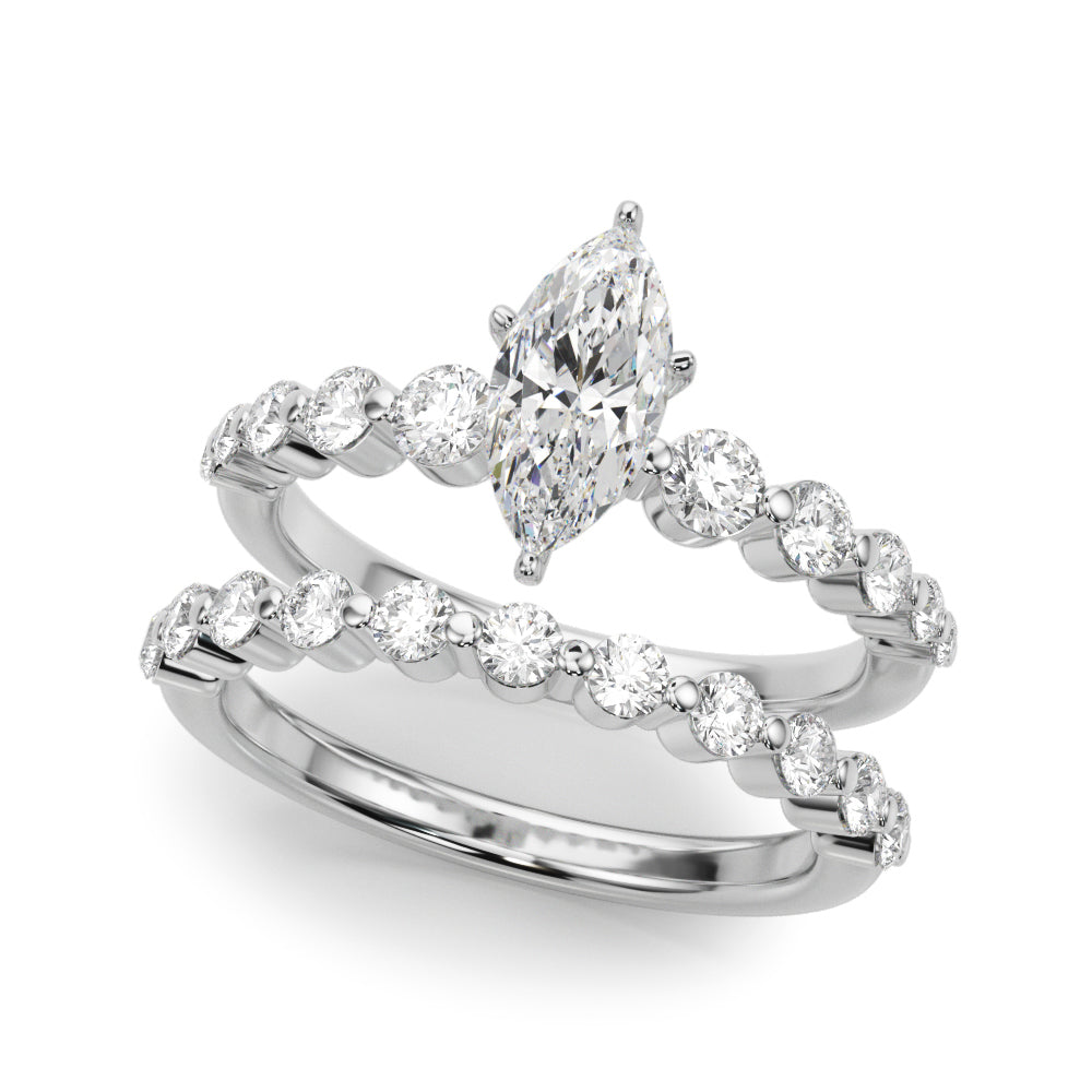 Silver Marquise Solitaire Diamond Ring with Pave Band and Four-Prong Setting