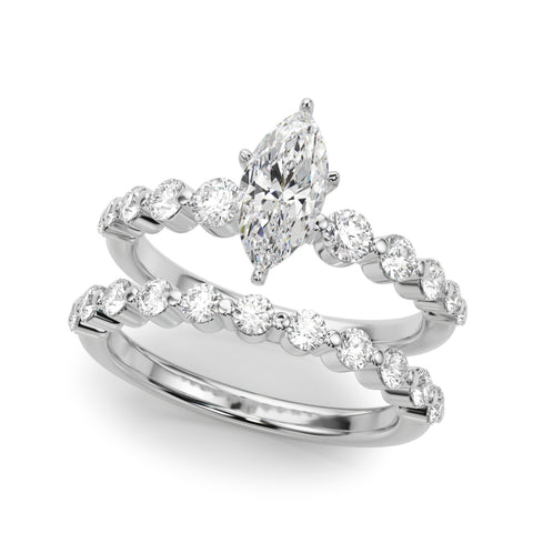 Silver Marquise Solitaire Diamond Ring with Pave Band and Four-Prong Setting