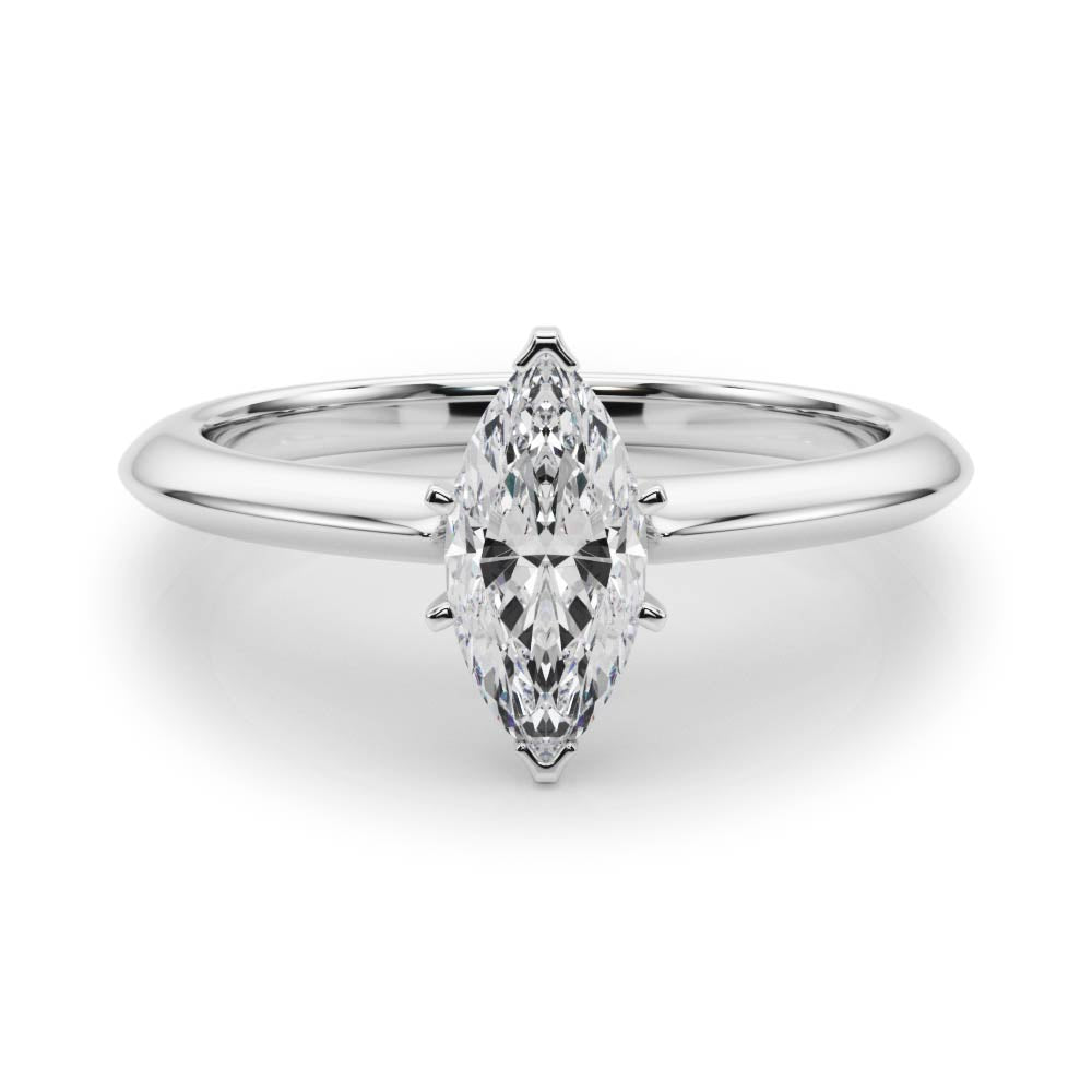 Silver Marquise Solitaire Diamond Ring with Six-Prong Setting on a Classic Band