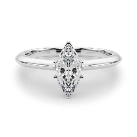 Silver Marquise Solitaire Diamond Ring with Six-Prong Setting on a Classic Band
