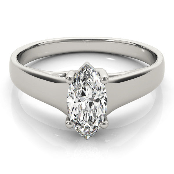 Silver Marquise Solitaire Diamond Ring with Tapered Band and Four-Prong Setting