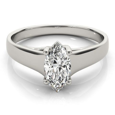 Silver Marquise Solitaire Diamond Ring with Tapered Band and Four-Prong Setting