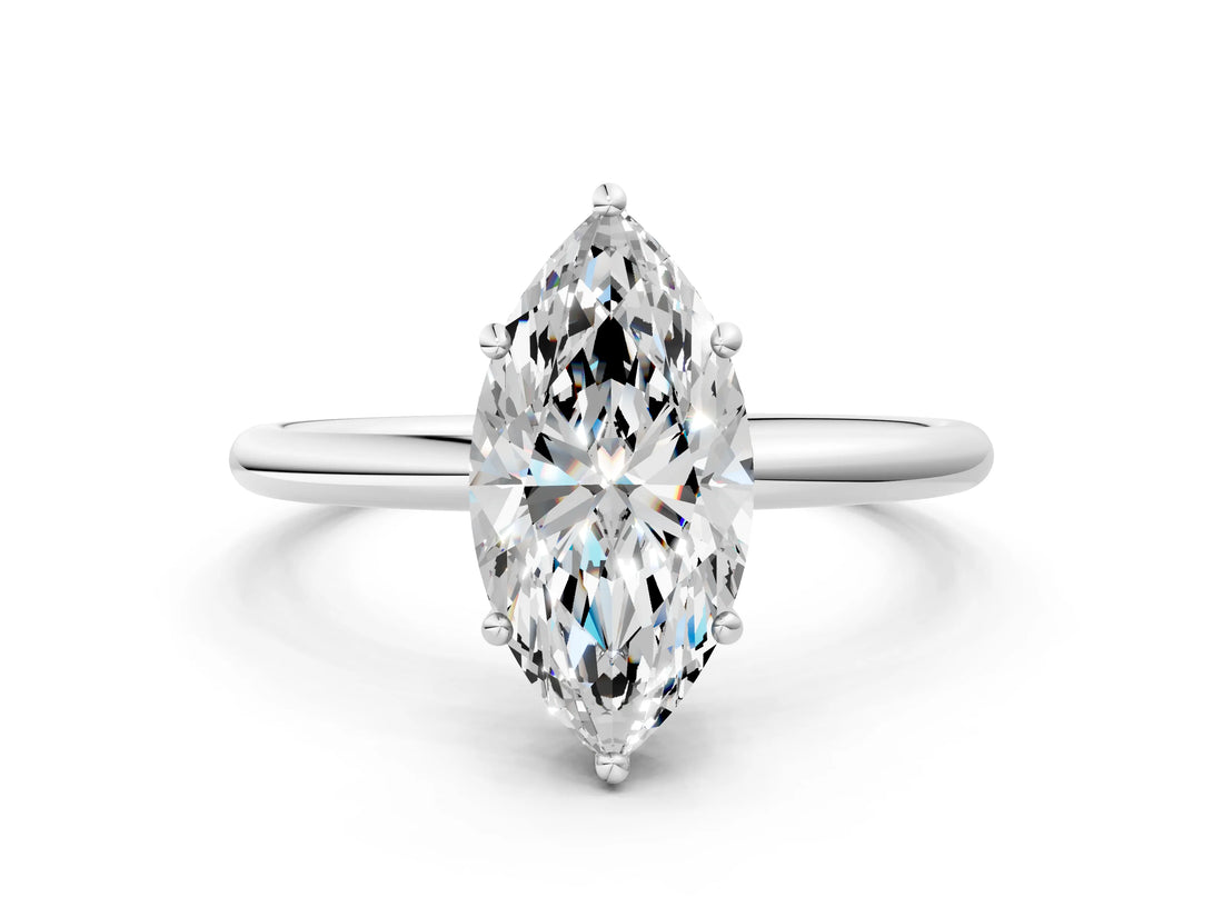 Silver Marquise Solitaire Diamond Ring with a Classic Band and Four-Prong Setting