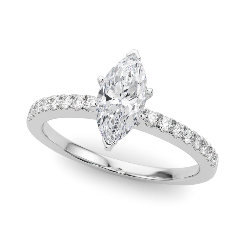 Silver Marquise Solitaire Diamond with Pavé Band and Four-Prong Setting 2