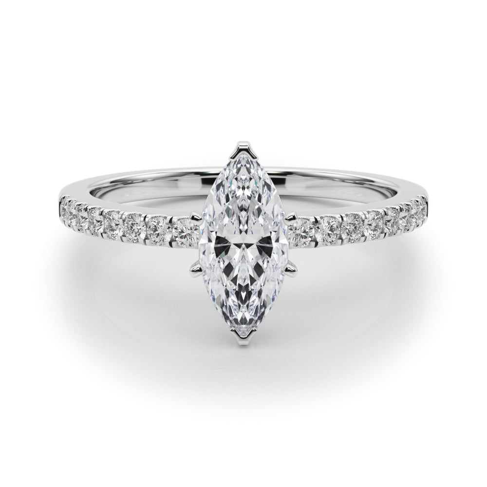 Silver Marquise Solitaire Diamond with Pavé Band and Four-Prong Setting