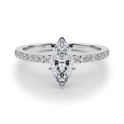 Silver Marquise Solitaire Diamond with Pavé Band and Four-Prong Setting