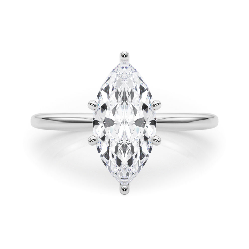 Silver Marquise Solitaire Engagement Ring with Classic Band and Four-Prong Setting